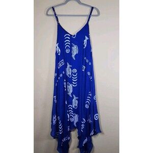 Women's Hawaiian Tropical Dress‎ OS Blue Fish Asymmetrical Hem Spaghetti Strap